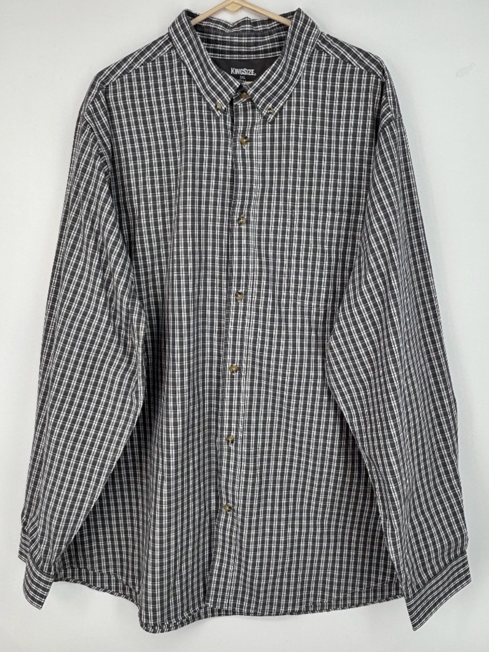 King Size Mens 3XL TALL Button Down Shirt Gray White Plaid Cotton Poly Long Slv